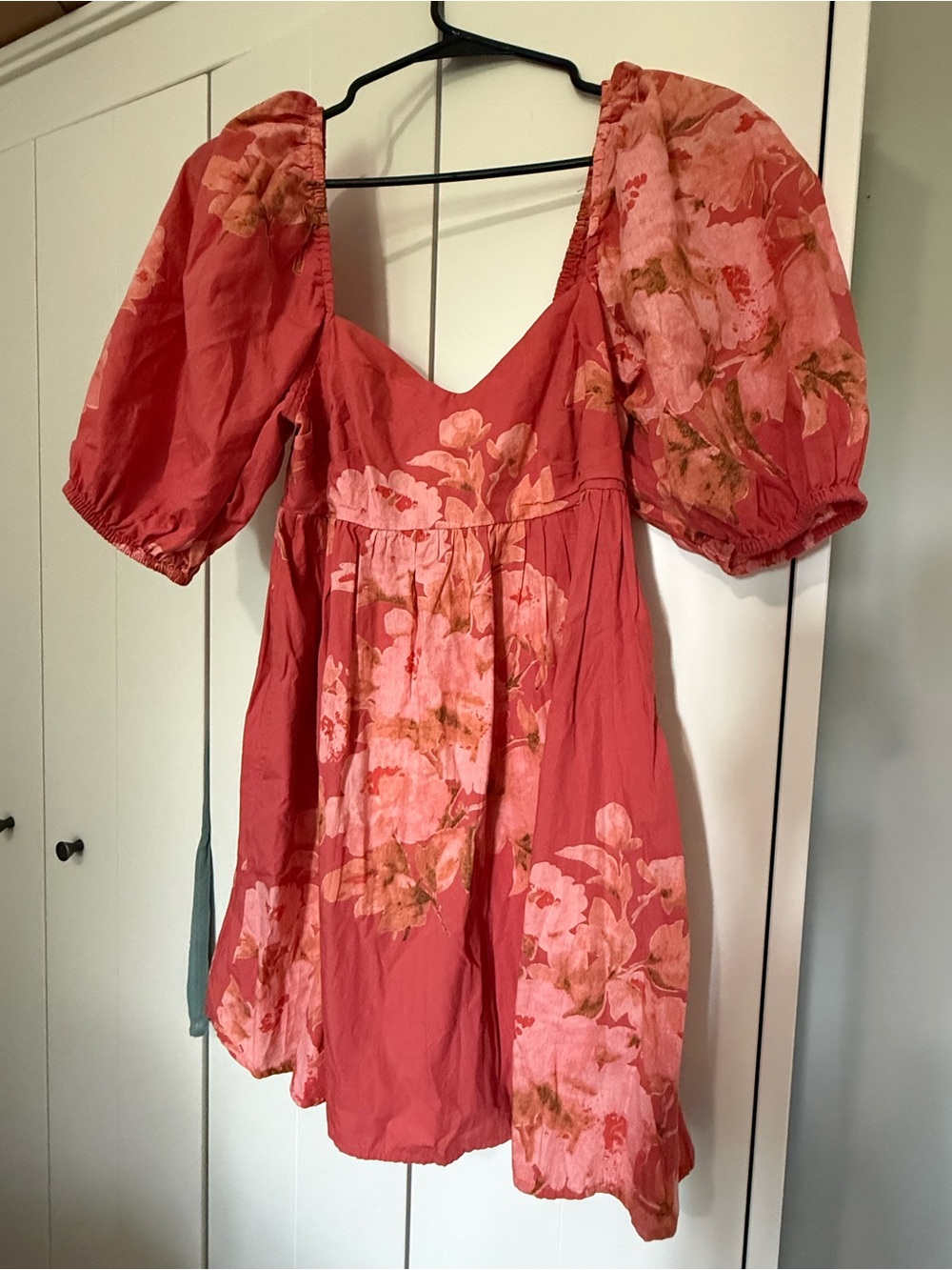 Free People Coral Pink Floral Puff-Sleeve Mini Dress